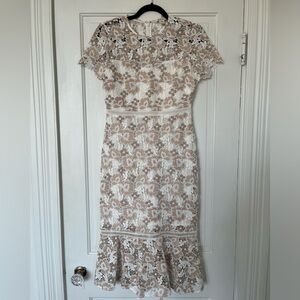 Anthropologie Shoshanna lace crochet tan and white tea length dress size 2P